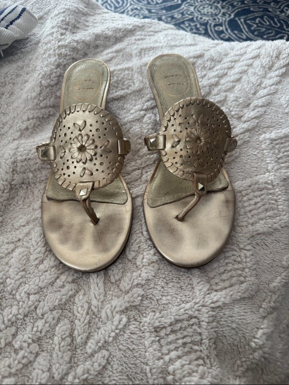 Jack Rogers Metallic Gold Leather Thong Sandals with Perforated Medallions